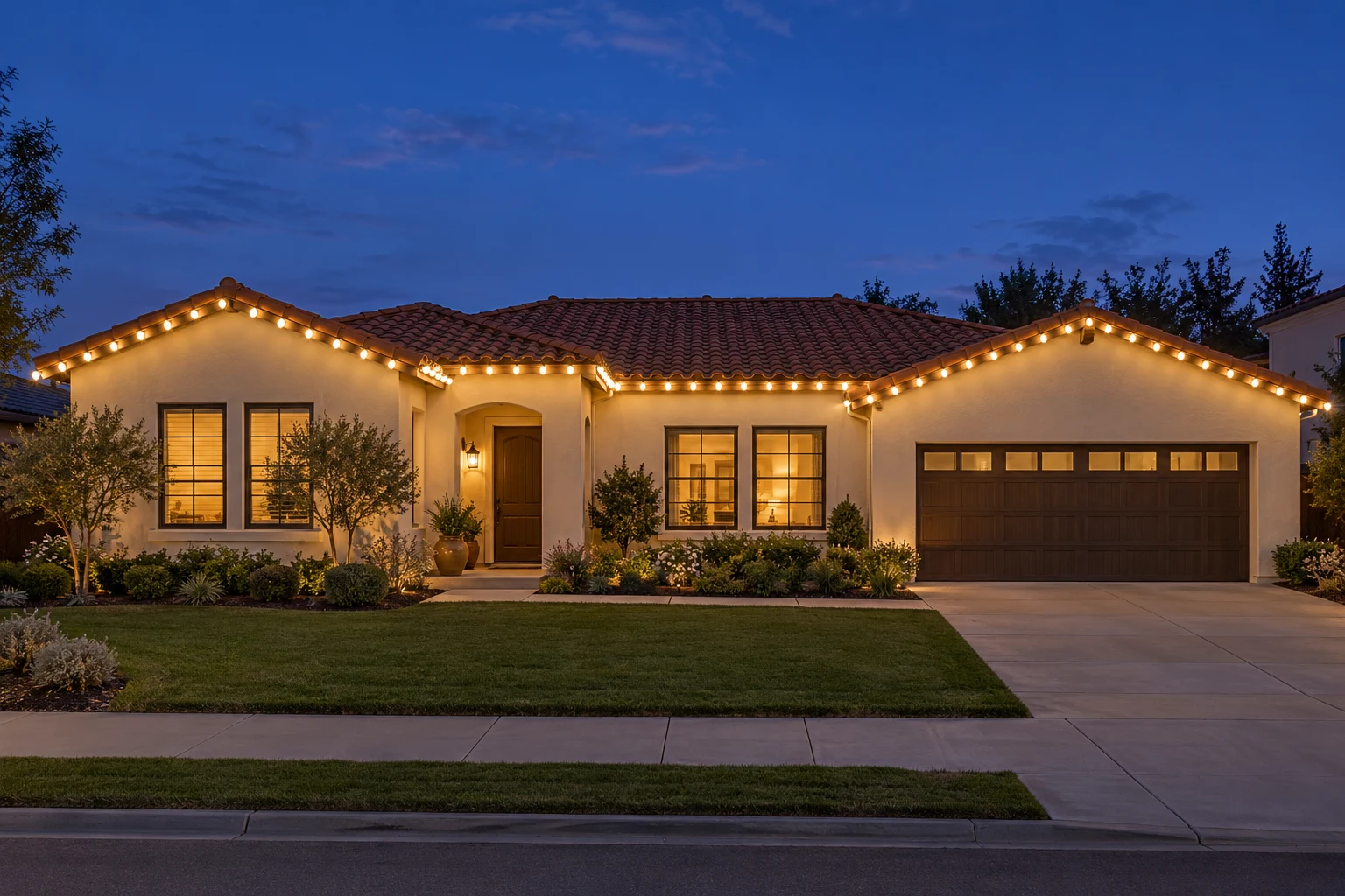 Illustrative Welcome Glow display: Up to 75 feet of commercial C9 LED lights along your agreed front-facing roofline.