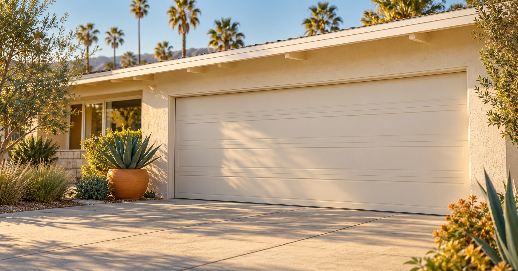 Illustrative California home and cream garage door